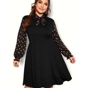 Pumpkin Print Halloween Dress Womens 4XL Black Contrast Long Sleeves Tie Neck
